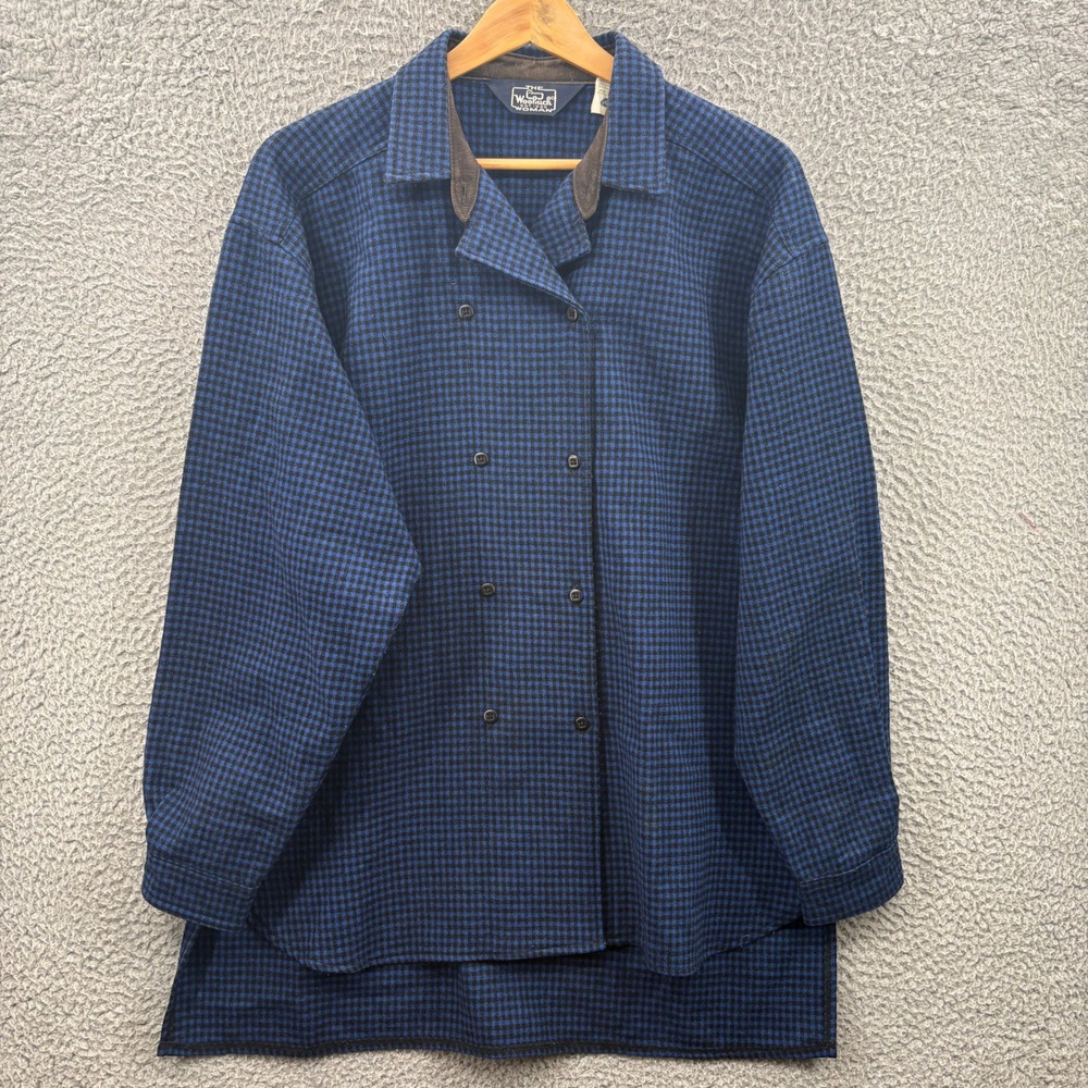 VTG Woolrich Shirt Jacket Women 12 Blue Black Check Double Breasted Wool Blend
